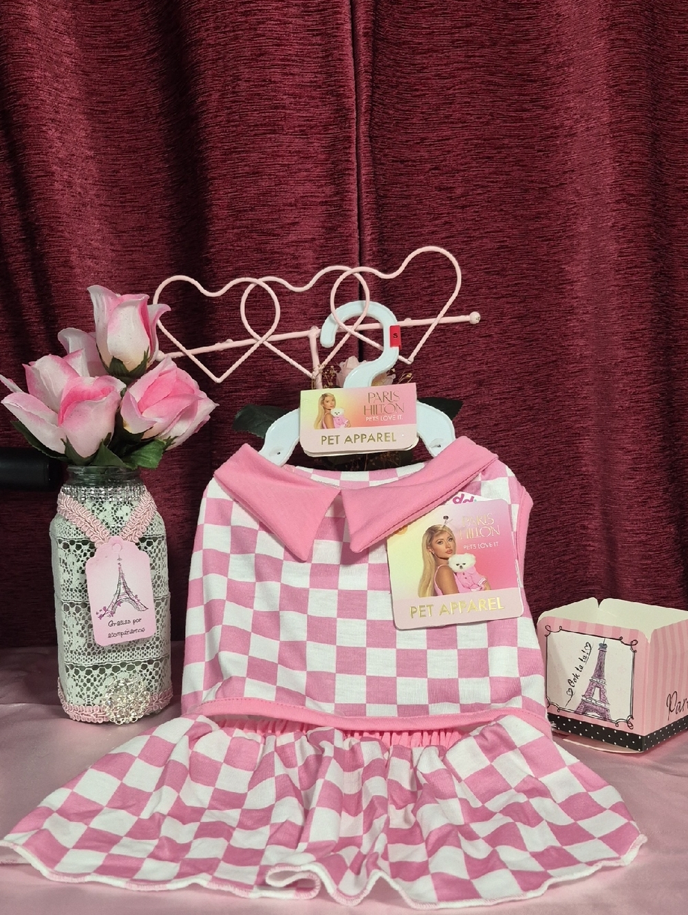 PARIS HILTON  Pink Checkerboard Pet Dress with Collar NWT  2203